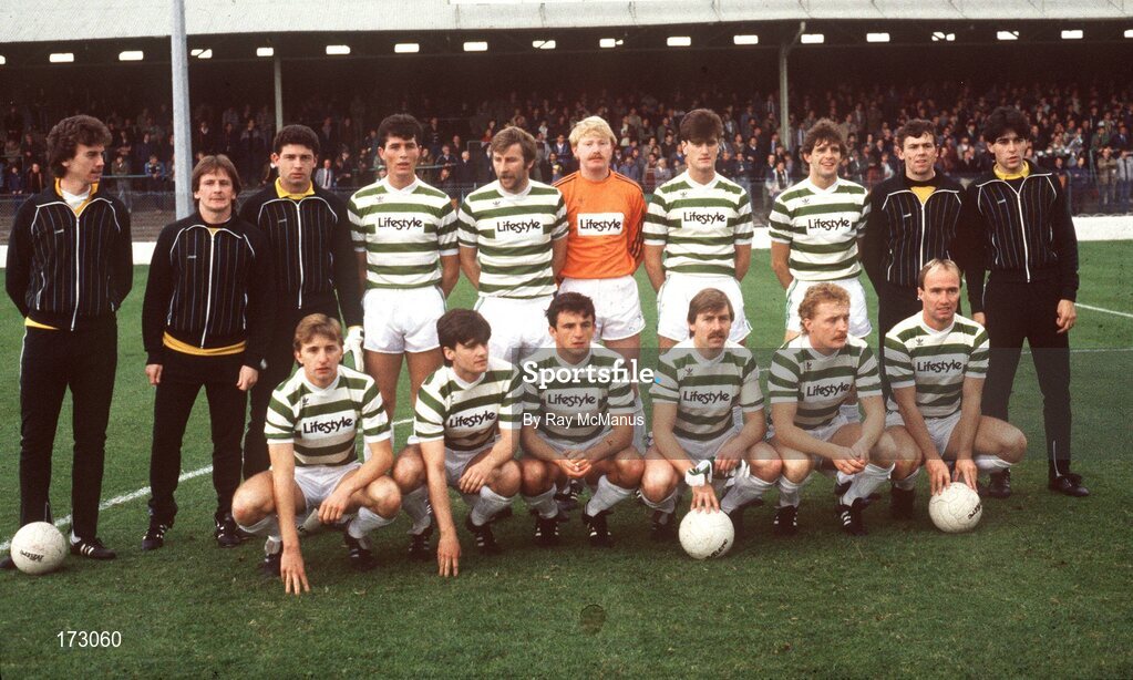 3 October 1984;  The Shamrock Rovers team; back row from left to right;  Peter Eccles, Bobby Browne, Sean Ward, Liam O' Brien, Dermot Keely, Jodi Byrne, Jacko McDonagh, John Coady, Kevin Brady, Pat O' Toole. Front Row from left to right; Mick Neville, Harry Kenny, Noel King, Pat Byrne, Neville Steedman, Paul McGee. Shamrock Rovers v Linfield. 1st round European Cup. Picture credit; Ray McManus / SPORTSFILE.