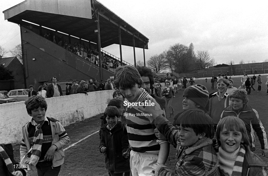 13 April 1980; Alan Campbell, Shamrock Rovers, who scored four goals is congratulated by Rovers supporters at the end of the game. Shamrock Rovers v UCD, League of Ireland, Glenmalure Park, Miltown, Dublin. Picture credit; Ray McManus / SPORTSFILE
