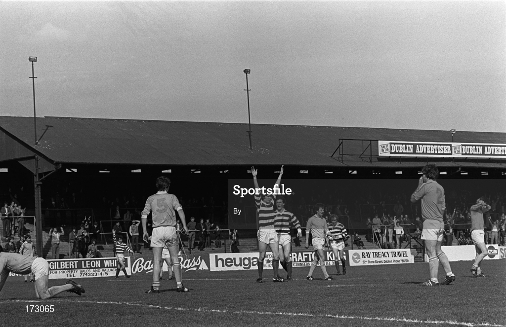 13 April 1980; Alan Campbell, Shamrock Rovers, celebrates one of his four goals. Shamrock Rovers (7) v UCD (1), League of Ireland, Glenmalure Park, Miltown, Dublin. Picture credit; Ray McManus / SPORTSFILE