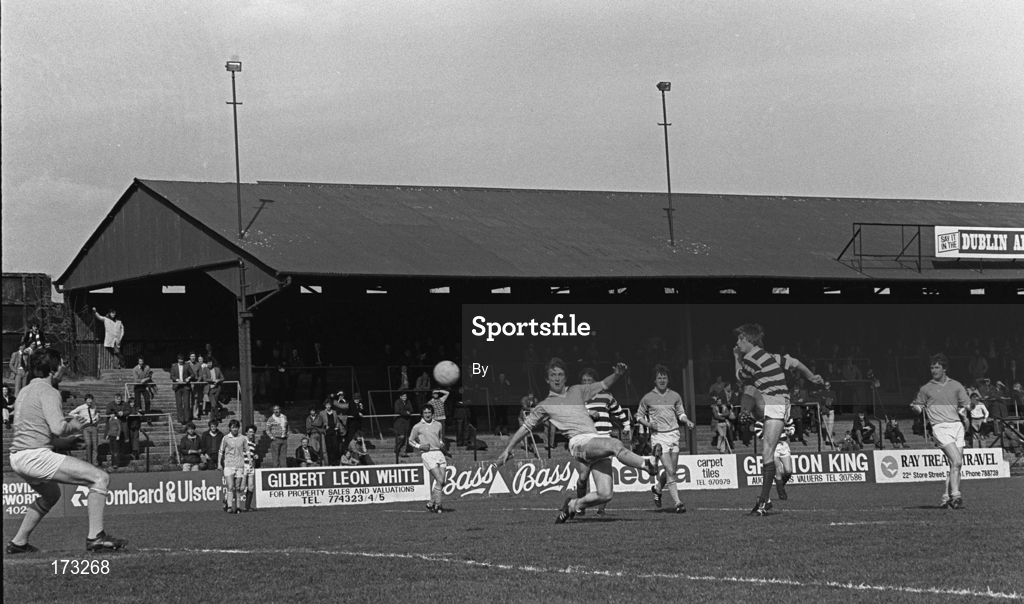 13 April 1980; Alan Campbell, Shamrock Rovers, shoots past the UCD 'keeper Jim McCabe to score one of his four goals. Shamrock Rovers (7) v UCD (1), League of Ireland, Glenmalure Park, Miltown, Dublin. Picture credit; Ray McManus / SPORTSFILE