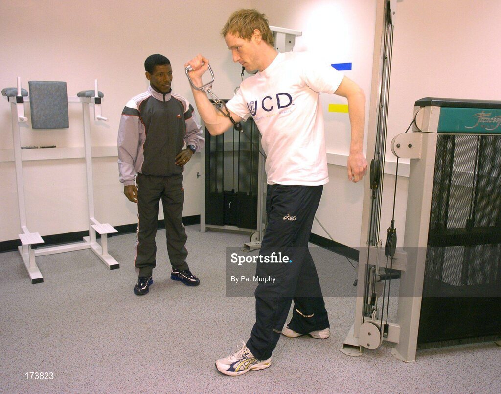 21 April 2005; Double Olympic champion Haile Gebreselaisse watches UCD athlete Rob Daly work out during the official opening of the new sporting facilities in UCD. Belfield, UCD, Dublin. Picture credit; Pat Murphy / SPORTSFILE
