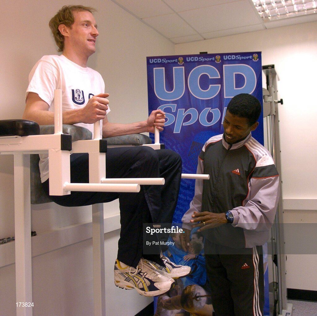 21 April 2005; Double Olympic champion Haile Gebreselaisse  advises UCD athlete Rob Daly at the official opening of the new sporting facilities in UCD. Belfield, UCD, Dublin. Picture credit; Pat Murphy / SPORTSFILE
