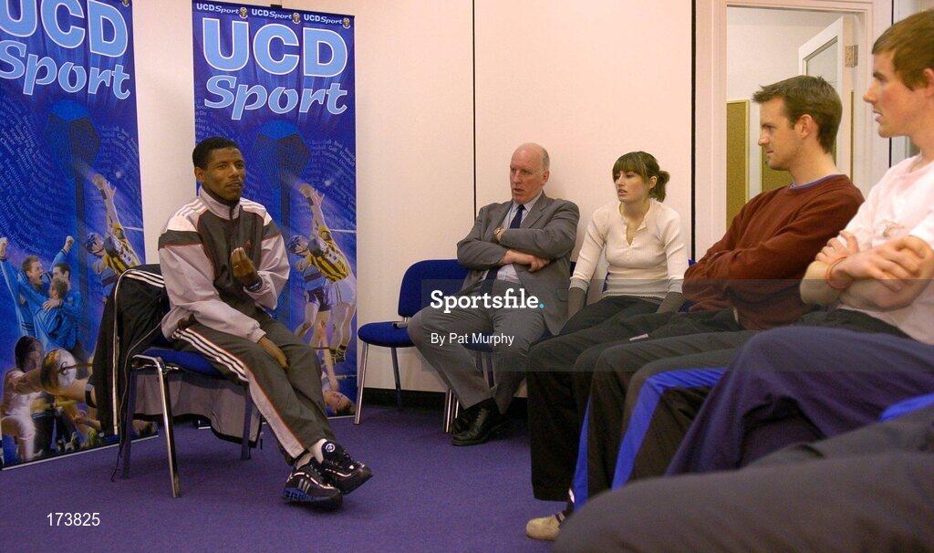 21 April 2005; Double Olympic champion Haile Gebreselaisse speaks to UCD Director of Sport Brian Mullins and sports scholarship students at the official opening of the new sporting facilities in UCD. Belfield, UCD, Dublin. Picture credit; Pat Murphy / SPORTSFILE