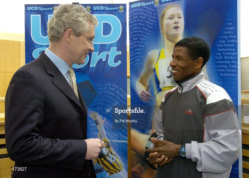 21 April 2005; Double Olympic champion Haile Gebreselaisse in conversation with UCD President Dr. Hugh Brady at the official opening of the new sporting facilities in UCD. Belfield, UCD, Dublin. Picture credit; Pat Murphy / SPORTSFILE