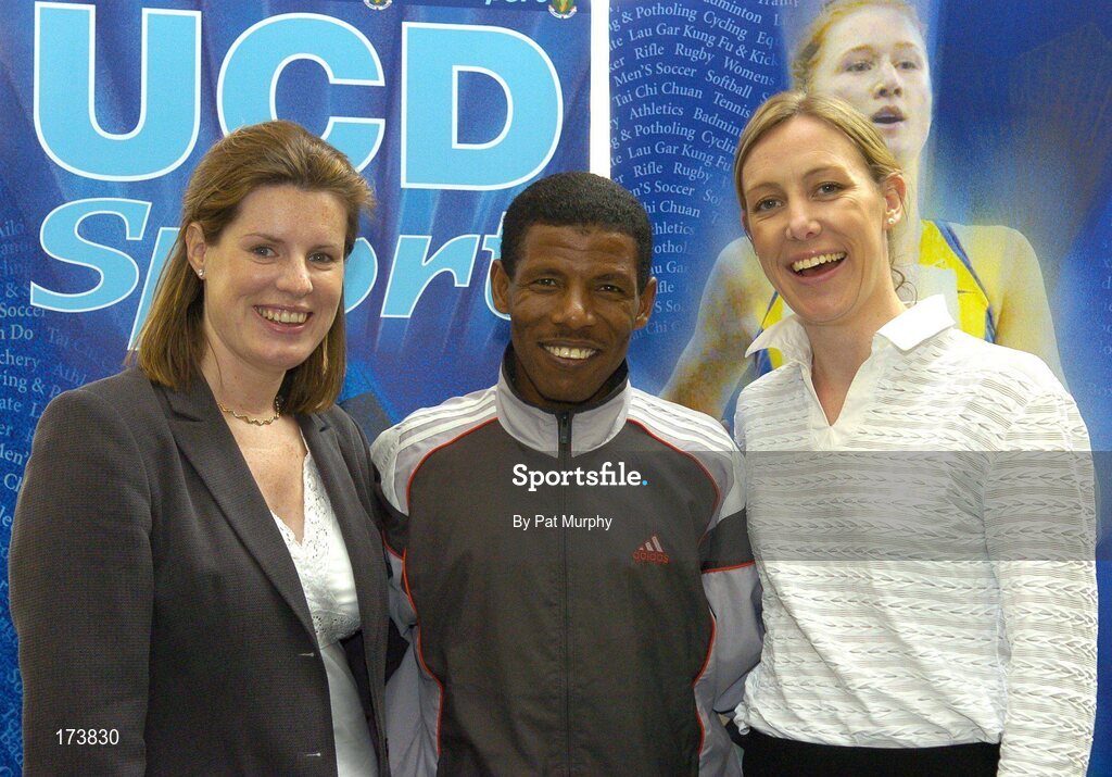 21 April 2005; Double Olympic champion Haile Gebreselaisse with Suzanne Bailey, left, and Deirdre Moloney, both UCD Department of Sport, at the official opening of the new sporting facilities in UCD. Belfield, UCD, Dublin. Picture credit; Pat Murphy / SPORTSFILE