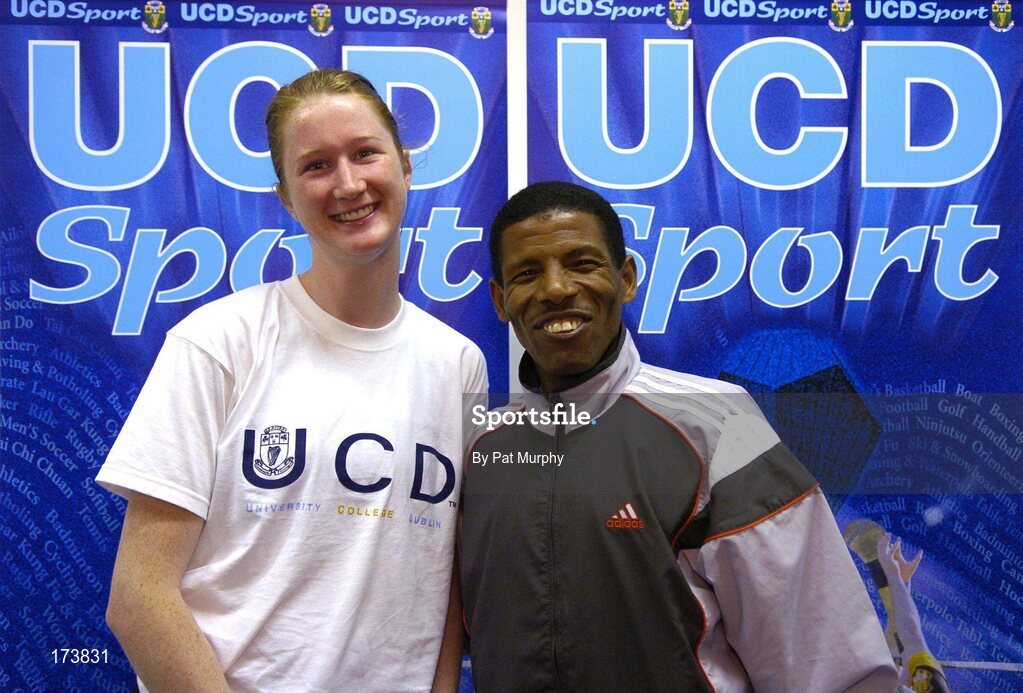 21 April 2005; Double Olympic champion Haile Gebreselaisse with UCD athlete Joanne Cuddihy at the official opening of the new sporting facilities in UCD. Belfield, UCD, Dublin. Picture credit; Pat Murphy / SPORTSFILE