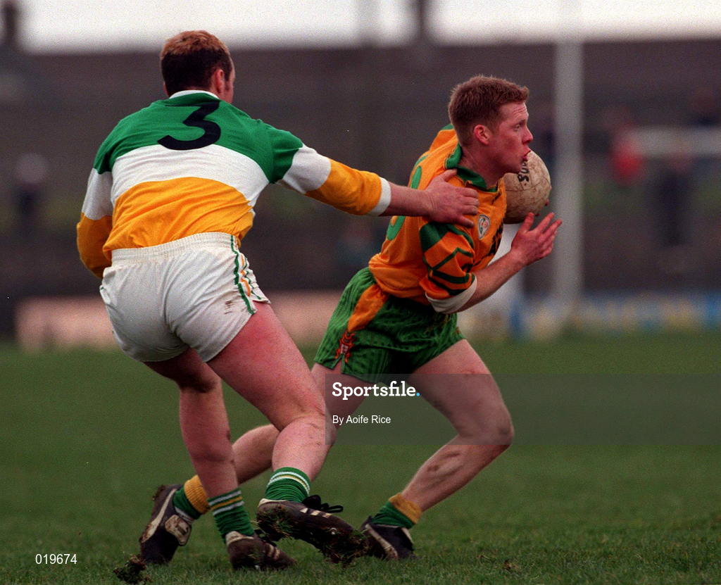 14 March 1999; Brian Roper of Donegal in action against John Ryan of Offaly during the Church and General National Football League Division 1 match between Offaly and Donegal at O'Connor Park in Tullamore, Offaly. Photo by Aoife Rice/Sportsfile