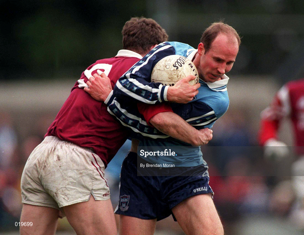 14 March 1999; Brian Stynes of Dublin in action against Jarlath Fallon of Galway during the Church and General National Football League Division 1 match between Dublin and Galway at Parnell Park in Dublin. Photo by Brendan Moran/Sportsfile