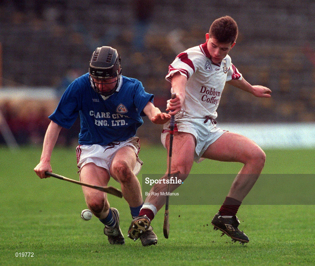 21 February 1999; Darragh O'Driscoll of St Joseph's Doora Barefield in action against Donal Moran of Athenry during the AIB All-Ireland Senior Club Hurling Championship Semi-Final match between St Joseph's Doora Barefield and Athenry at Semple Stadium in Thurles, Tipperary. Photo by Ray McManus/Sportsfile