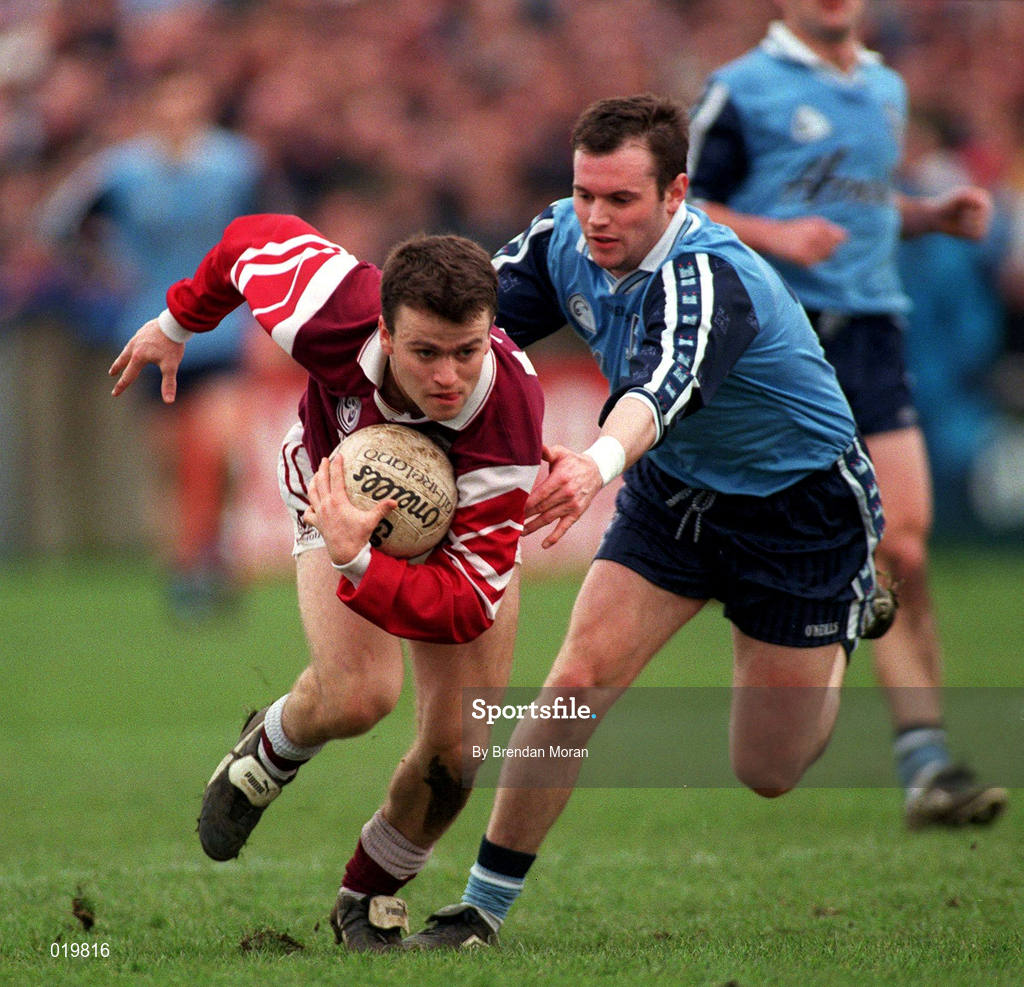14 March 1999; Derek Savage of Galway gets away from Thomas Lynch of Dublin during the Church and General National Football League Division 1 match between Dublin and Galway at Parnell Park in Dublin. Photo by Brendan Moran/Sportsfile