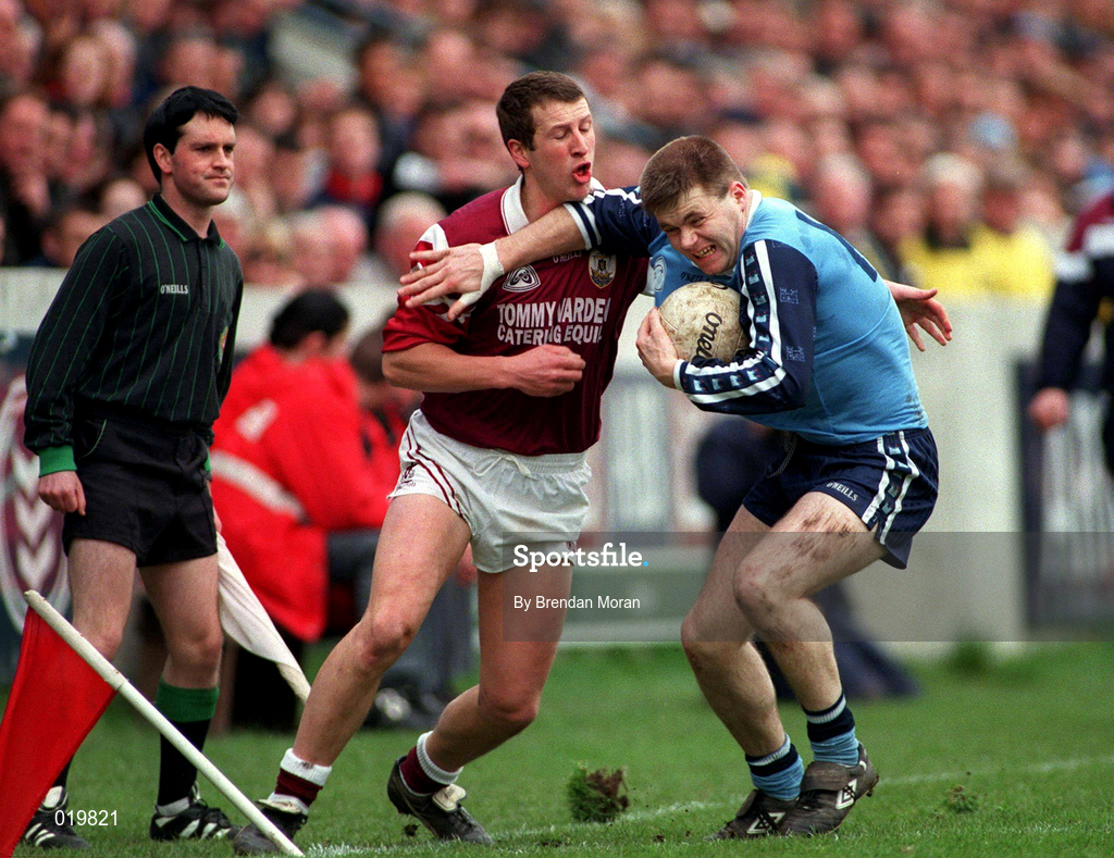 14 March 1999; Dessie Farrell of Dublin in action against Gary Fahey of Galway during the Church and General National Football League Division 1 match between Dublin and Galway at Parnell Park in Dublin. Photo by Brendan Moran/Sportsfile