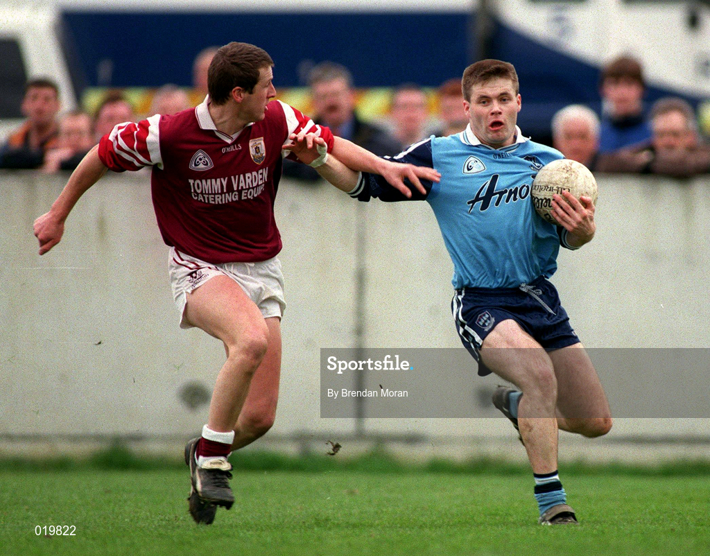 14 March 1999; Dessie Farrell of Dublin in action against Gary Fahey of Galway during the Church and General National Football League Division 1 match between Dublin and Galway at Parnell Park in Dublin. Photo by Brendan Moran/Sportsfile