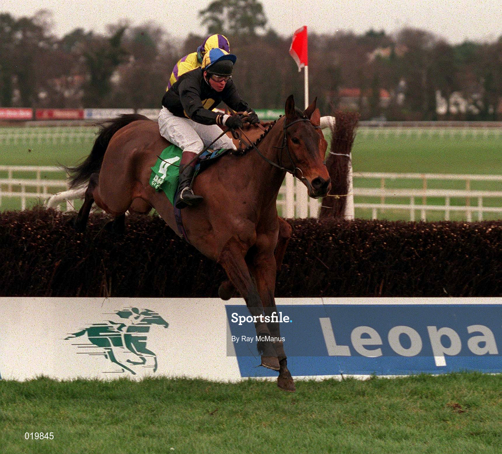24 January 1999; Dudley Do Right, with Jason Titley up, jumps the last on his way to win the Bax Global Handicap at Leopardstown Racecourse in Dublin. Photo by Ray McManus/Sportsfile