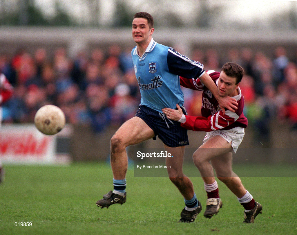 14 March 1999; Enda Sheehy of Dublin in action against Derek Savage of Galway during the Church and General National Football League Division 1 match between Dublin and Galway at Parnell Park in Dublin. Photo by Brendan Moran/Sportsfile