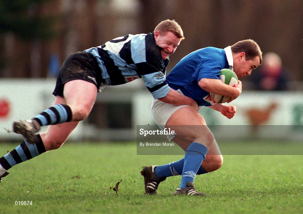 13 February 1999; Eugene Gibney of St Mary's College is tackled by Conor Burke of Shannon RFC during the AIB All-Ireland League Division 1 match between St Mary's College and Shannon RFC at Templeville Road in Dublin. Photo by Brendan Moran/Sportsfile