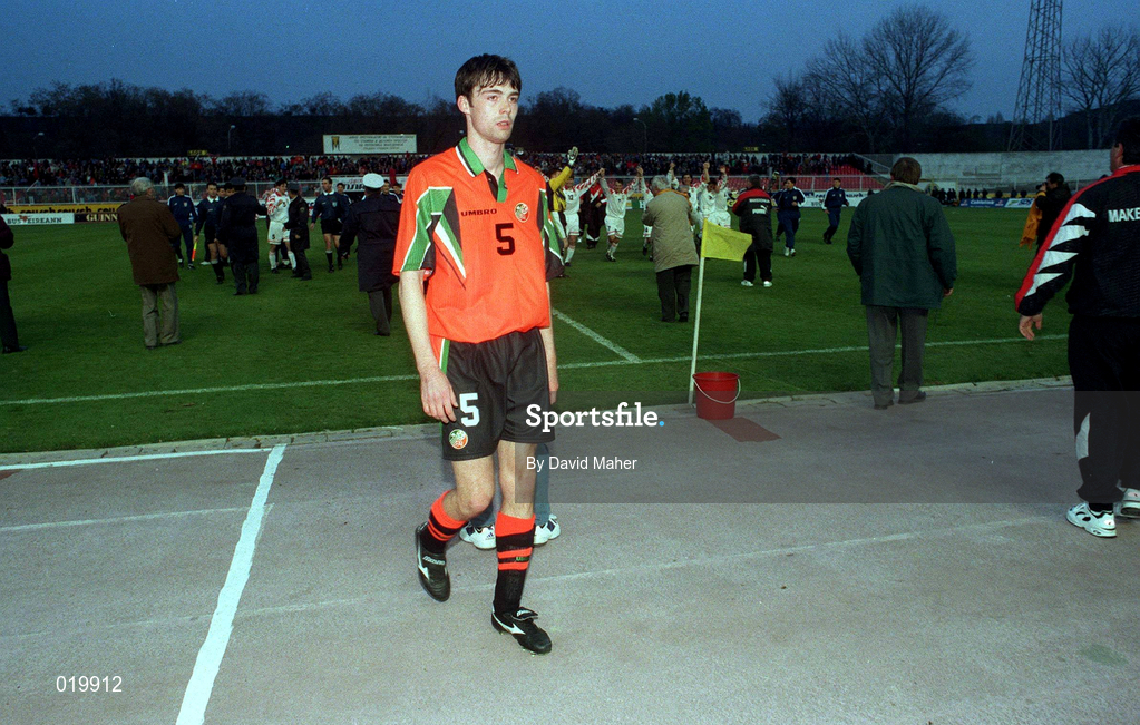 2 April 1997; Gary Breen of Republic of Ireland leaves the pitch following the FIFA World Cup 1998 Group 8 Qualifier match between FYR Macedonia and Republic of Ireland at the City Stadium in Skopje, FYR Macedonia. Photo by David Maher/Sportsfile