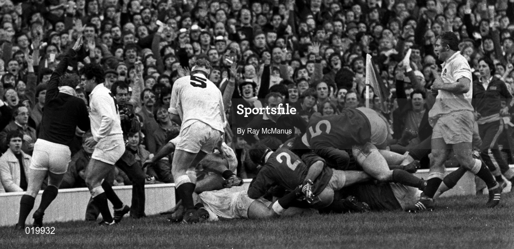 6 February 1982; Referee Alan Hosie signals a try scored by Gerry McLoughlin of Ireland during the Five Nations Championship match between England and Ireland at Twickenham Stadium in London, England. Photo by Ray McManus/Sportsfile