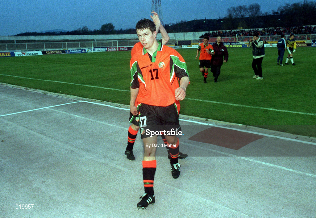 2 April 1997; Ian Harte of Republic of Ireland leaves the field following the FIFA World Cup 1998 Group 8 Qualifier match between FYR Macedonia and Republic of Ireland at the City Stadium in Skopje, FYR Macedonia. Photo by David Maher/Sportsfile