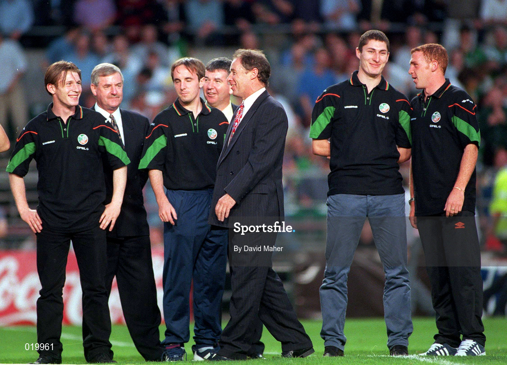 20 August 1997; Members of the Republic of Ireland Under 20 team and manager Brian Kerr, who came third in the World Cup Finals in Malaysia, are presented to the crowd at half-time of the FIFA World Cup 1998 Group 8 Qualifier between Republic of Ireland and Lithuania at Lansdowne Road in Dublin. Photo by David Maher/Sportsfile