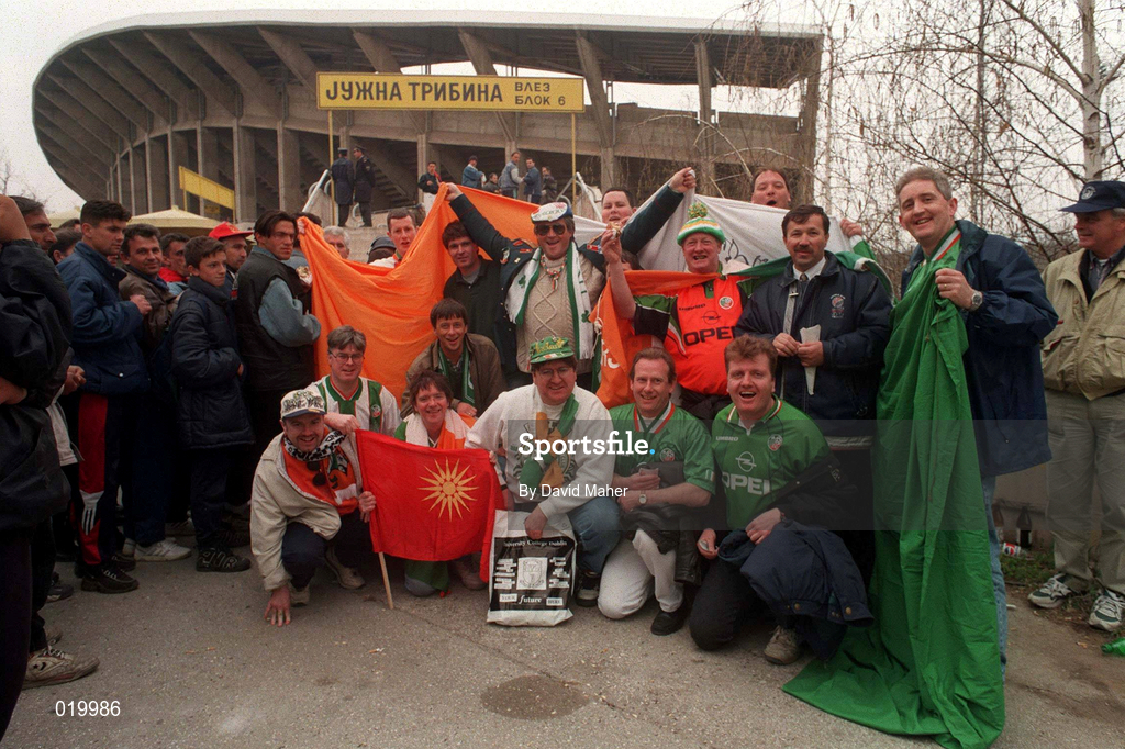 2 April 1997; Supporters from both teams outside the stadium ahead of the FIFA World Cup 1998 Group 8 Qualifier match between FYR Macedonia and Republic of Ireland at the City Stadium in Skopje, FYR Macedonia. Photo by David Maher/Sportsfile
