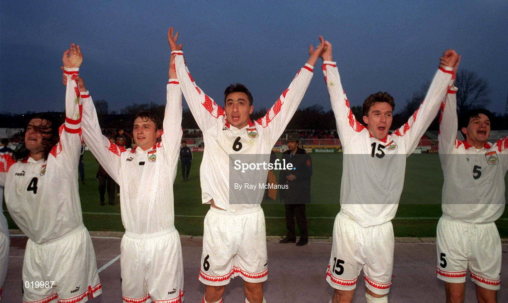 2 April 1997; FYR Macedonia players celebrate following the FIFA World Cup 1998 Group 8 Qualifier match between FYR Macedonia and Republic of Ireland at the City Stadium in Skopje, FYR Macedonia. Photo by David Maher/Sportsfile