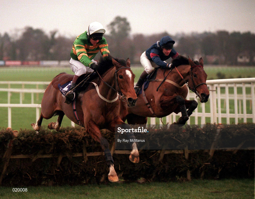 24 January 1999; Istabraq, with Charlie Swan up, clears the last ahead of French Holly, with Adrian Maguire up, on their way to winning the AIG Championship Hurdle at Leopardstown Racecourse in Dublin. Photo by Ray McManus/Sportsfile