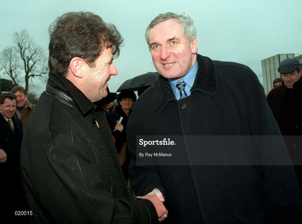 24 January 1999; An Taoiseach Bertie Ahern, right, congratulates Istabraq owner JP McManus after winning the AIG Championship Hurdle at Leopardstown Racecourse in Dublin. Photo by Ray McManus/Sportsfile