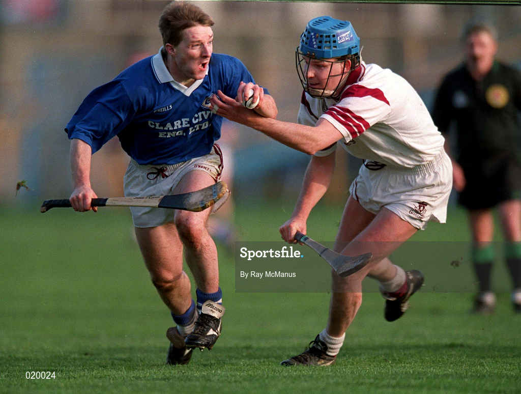 21 February 1999; Jamesie O'Connor of St Joseph's Doora Barefield in action against Paul Hardiman of Athenry during the AIB All-Ireland Senior Club Hurling Championship Semi-Final match between St Joseph's Doora Barefield and Athenry at Semple Stadium in Thurles, Tipperary. Photo by Ray McManus/Sportsfile