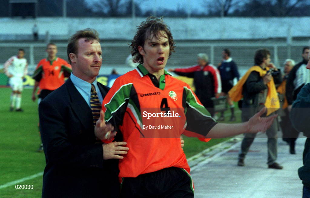 2 April 1997; Jason McAteer of Republic of Ireland leaves the field following the FIFA World Cup 1998 Group 8 Qualifier match between FYR Macedonia and Republic of Ireland at the City Stadium in Skopje, FYR Macedonia. Photo by David Maher/Sportsfile