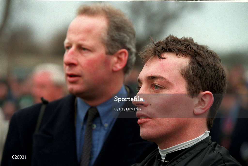 24 January 1999; Trainer Tom Taaffe, left, and jockey Jason Titley at Leopardstown Racecourse in Dublin. Photo by Ray McManus/Sportsfile