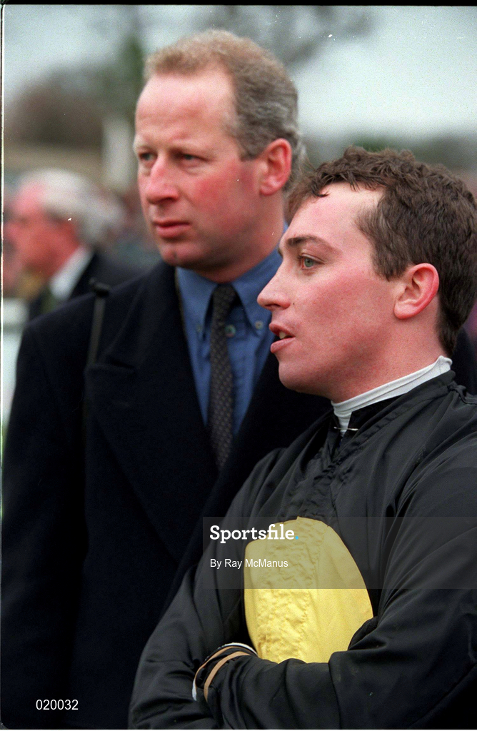24 January 1999; Trainer Tom Taaffe, left, and jockey Jason Titley at Leopardstown Racecourse in Dublin. Photo by Ray McManus/Sportsfile
