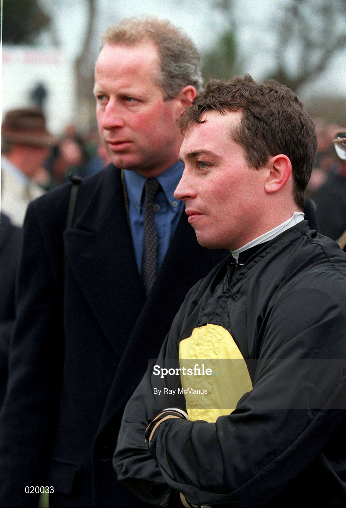 24 January 1999; Trainer Tom Taaffe, left, and jockey Jason Titley at Leopardstown Racecourse in Dublin. Photo by Ray McManus/Sportsfile