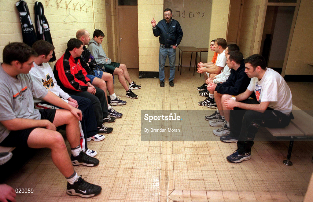 21 January 1999; Coach Joey Boylan speaks to his team at the St. Vincent's Basketball Club in Glasnevin, Dublin. Photo by Brendan Moran/Sportsfile