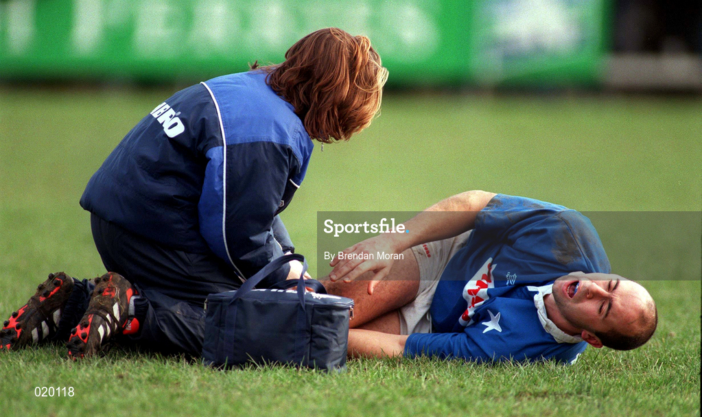 13 February 1999; Kevin Nowlan of St Mary's College receives treatment during the AIB All-Ireland League Division 1 match between St Mary's College and Shannon RFC at Templeville Road in Dublin. Photo by Brendan Moran/Sportsfile