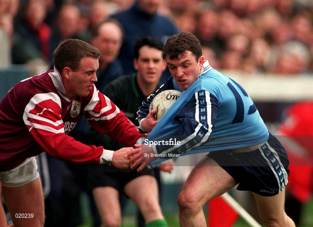 14 March 1999; Niall O'Donoghue of Dublin has his jersey pulled by Robin Doyle of Galway during the Church and General National Football League Division 1 match between Dublin and Galway at Parnell Park in Dublin. Photo by Brendan Moran/Sportsfile