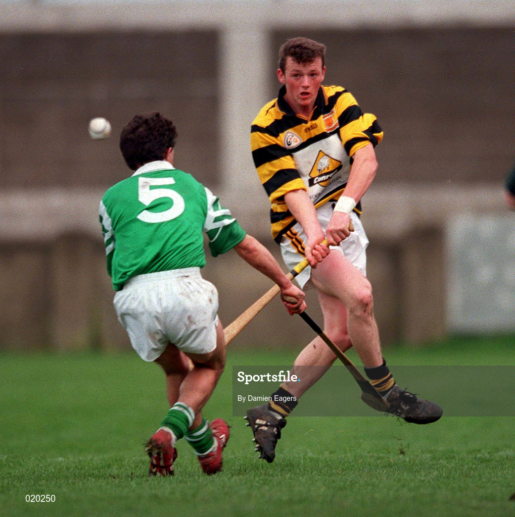 28 February 1999; Nigel Higgins of Rathnure in action against Martin Coulter Snr of Ballygalget during the AIB All-Ireland Senior Club Hurling Championship Semi-Final match between Rathnure and Ballygalget at Parnell Park in Dublin. Photo by Damien Eagers/Sportsfile