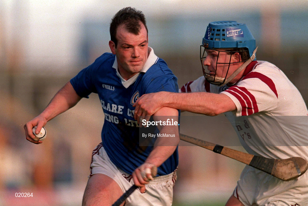 21 February 1999; Ollie Baker of St Joseph's Doora Barefield is tackled by Paul Hardiman of Athenry during the AIB All-Ireland Senior Club Hurling Championship Semi-Final match between St Joseph's Doora Barefield and Athenry at Semple Stadium in Thurles, Tipperary. Photo by Ray McManus/Sportsfile