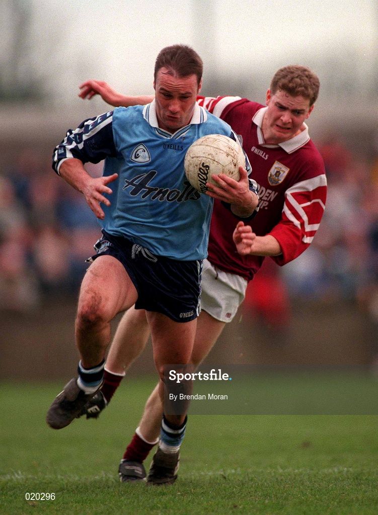 14 March 1999; Paul Curran of Dublin in action against Michael Donnellan of Galway during the Church and General National Football League Division 1 match between Dublin and Galway at Parnell Park in Dublin. Photo by Brendan Moran/Sportsfile