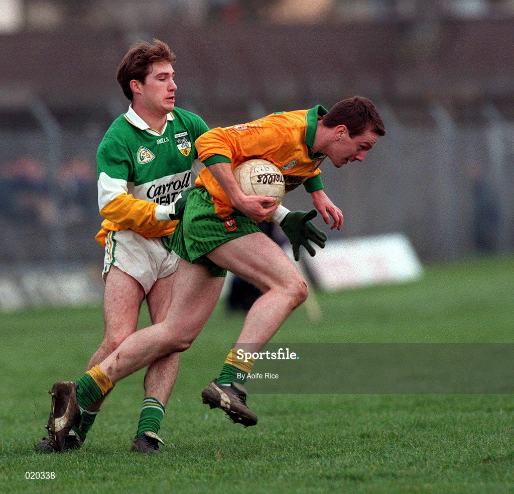 14 March 1999; Ray Sweeney of Donegal in action against Colm Quinn of Offaly during the Church and General National Football League Division 1 match between Offaly and Donegal at O'Connor Park in Tullamore, Offaly. Photo by Aoife Rice/Sportsfile