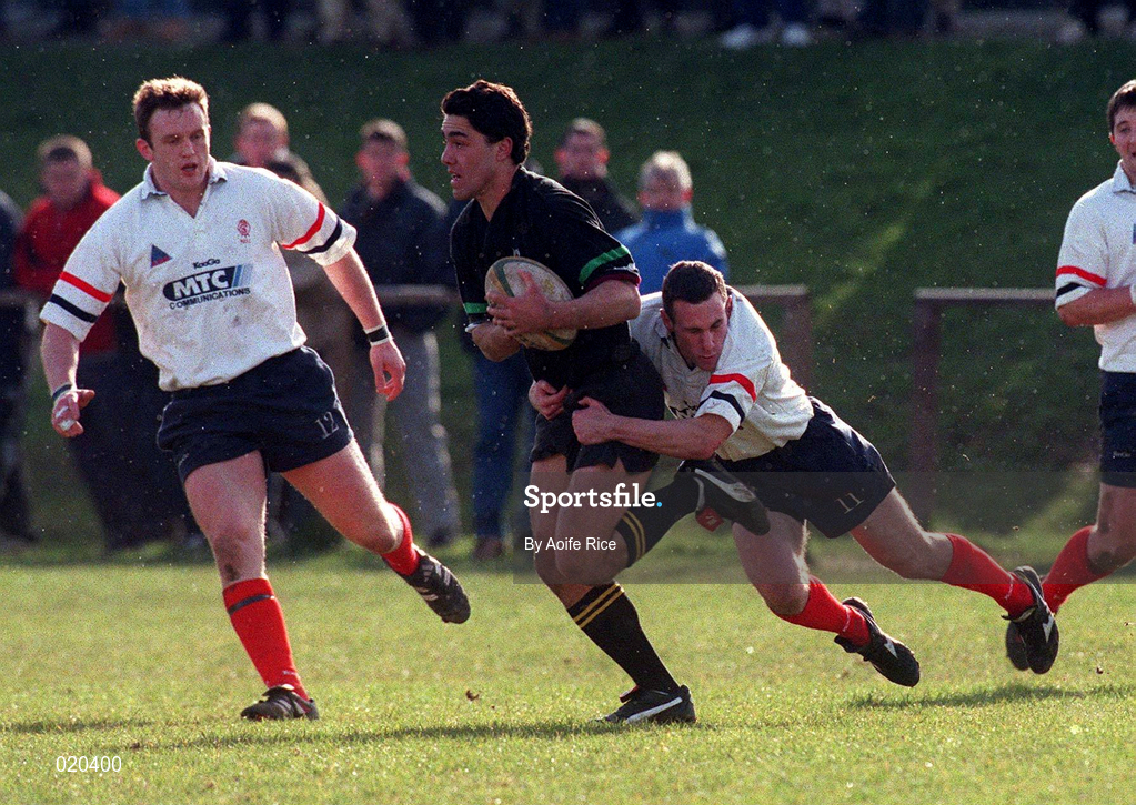 27 February 1999; Shane Stephens of DSLP is tackled by Scott Carroll of Malone during the AIB All-Ireland League Division 2 match between DLSP and Malone at Kilternan Park in Dublin. Photo by Aoife Rice/Sportsfile