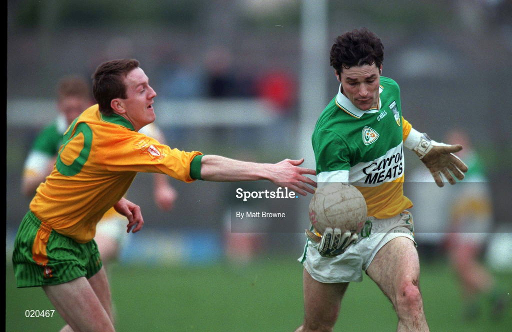 14 March 1999; Vinny Claffey of Offaly is tackled by Ray Sweeney of Donegal during the Church and General National Football League Division 1 match between Offaly and Donegal at O'Connor Park in Tullamore, Offaly. Photo by Matt Browne/Sportsfile