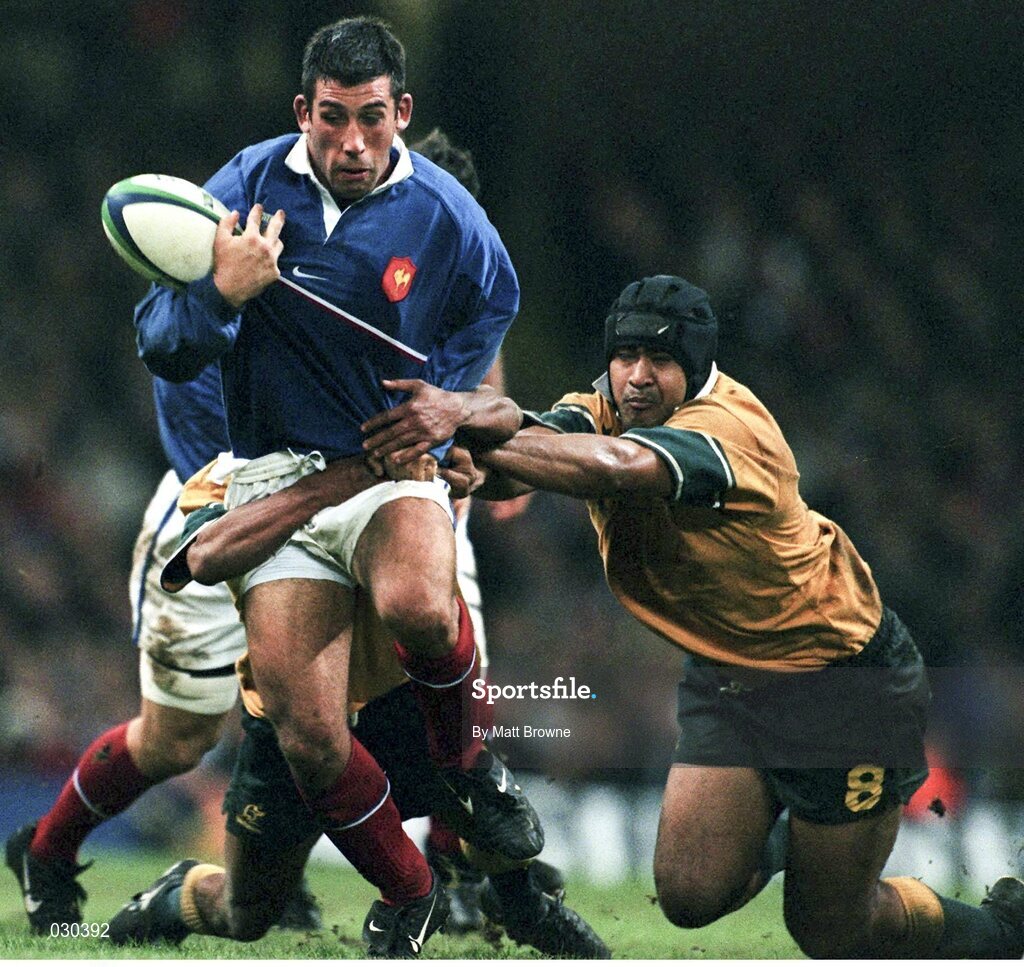 6 November 1999; Arnaud Costes, France, in action against George Gregan and Toutai Kefu, Australia. 1999 Rugby World Cup, Australia v France, Millennium Stadium, Cardiff, Wales. Picture credit: Matt Browne / SPORTSFILE