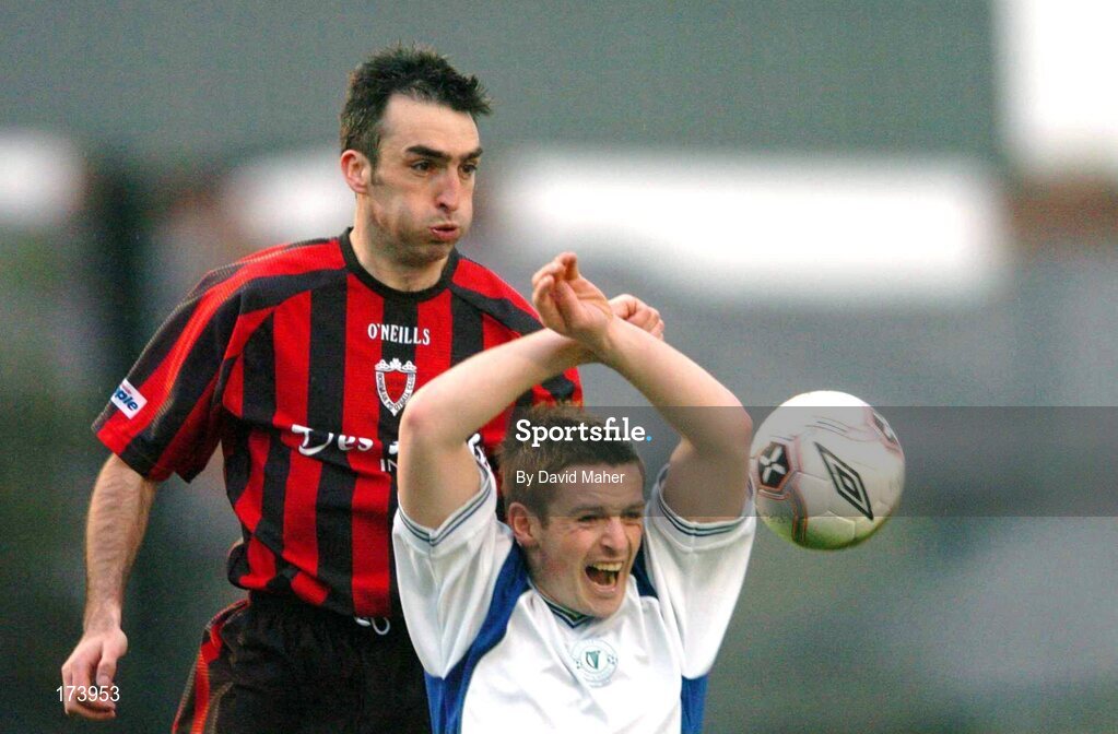22 April 2005; Kevin McHugh, Finn Harps, in action against Terry Palmer, Bohemians. eircom League, Premier Division, Bohemians v Finn Harps, Dalymount Park, Dublin. Picture credit; David Maher / SPORTSFILE
