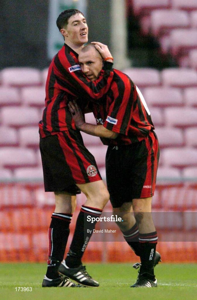 22 April 2005; Tony Grant, right, Bohemians, celebrates with team-mate Stephen Ward, after Jonathan Minnock, Finn Harps, scored an own goal. eircom League, Premier Division, Bohemians v Finn Harps, Dalymount Park, Dublin. Picture credit; David Maher / SPORTSFILE