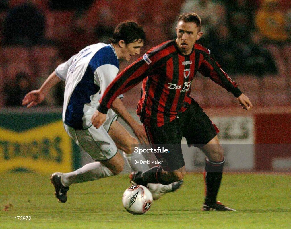 22 April 2005; Gareth Farrelly, Bohemians, in action against Thomas Bonner, Finn Harps. eircom League, Premier Division, Bohemians v Finn Harps, Dalymount Park, Dublin. Picture credit; David Maher / SPORTSFILE