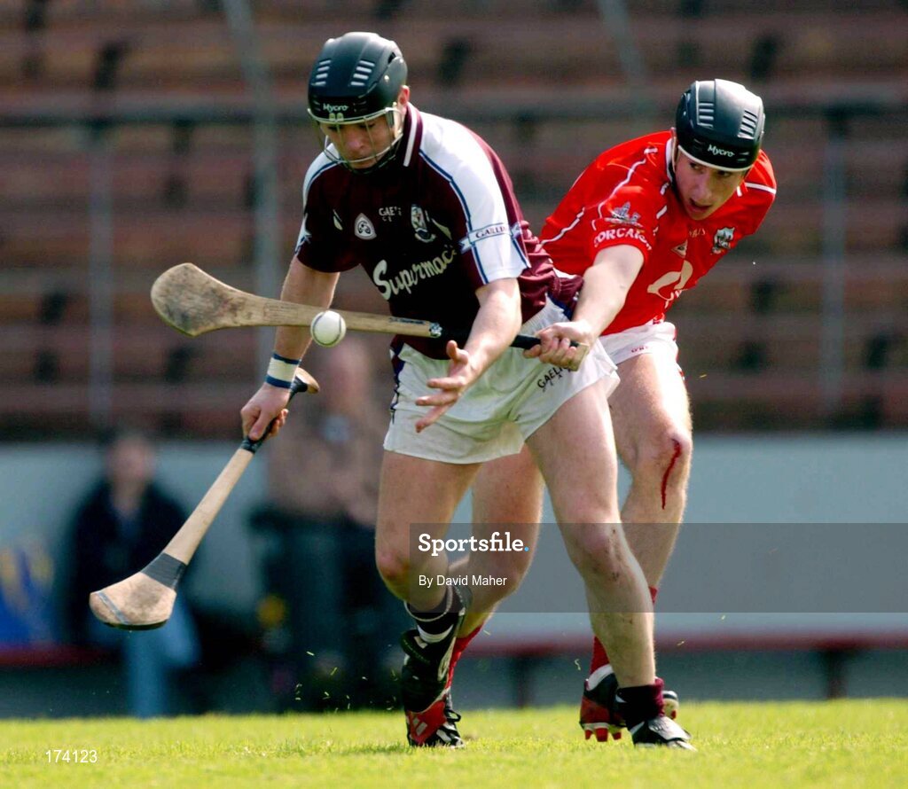 24 April 2005; Eugene Cloonan, Galway, in action against John Gardiner, Cork. Allianz National Hurling League, Division 1, Round 3, Cork v Galway, Pairc Ui Chaoimh, Cork. Picture credit; David Maher / SPORTSFILE