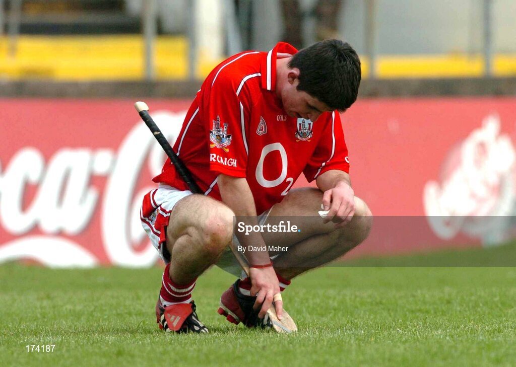 24 April 2005; A dejected Ronan McGregor, Cork, at the end of the game after defeat to Galway. Allianz National Hurling League, Division 1, Round 3, Cork v Galway, Pairc Ui Chaoimh, Cork. Picture credit; David Maher / SPORTSFILE