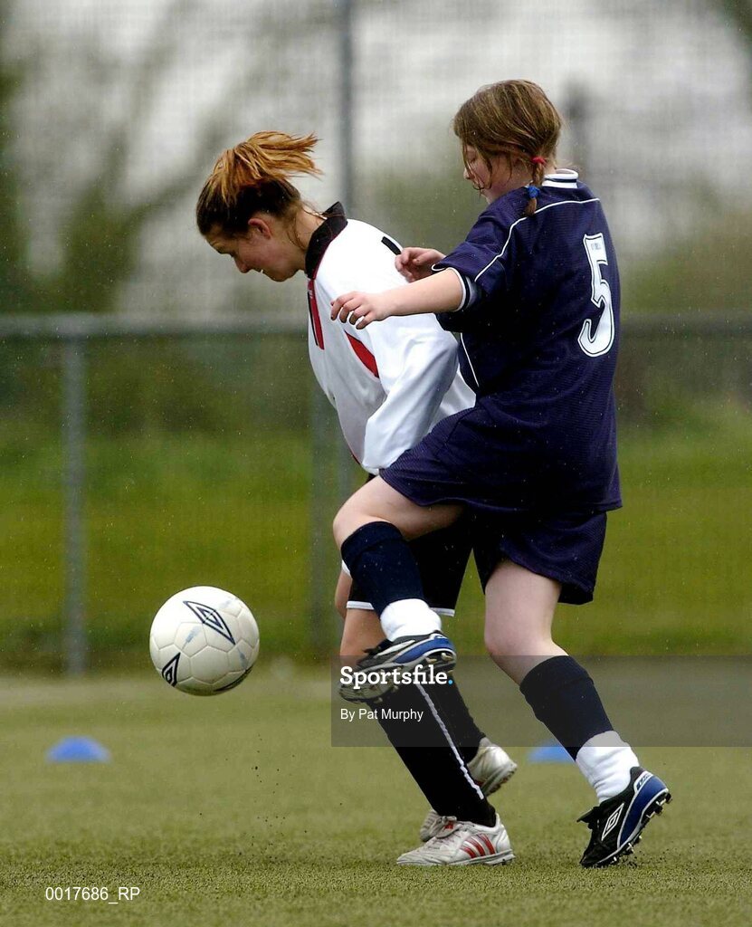 30 April 2005; Olwyn Butler, Leinster, in action against Mary Strain, Ulster. Europe Eurasia Football Week 2005, Women's 7-a-side Final, Ulster v Leinster, AUL Complex, Clonshaugh, Dublin. Picture credit; Pat Murphy / SPORTSFILE