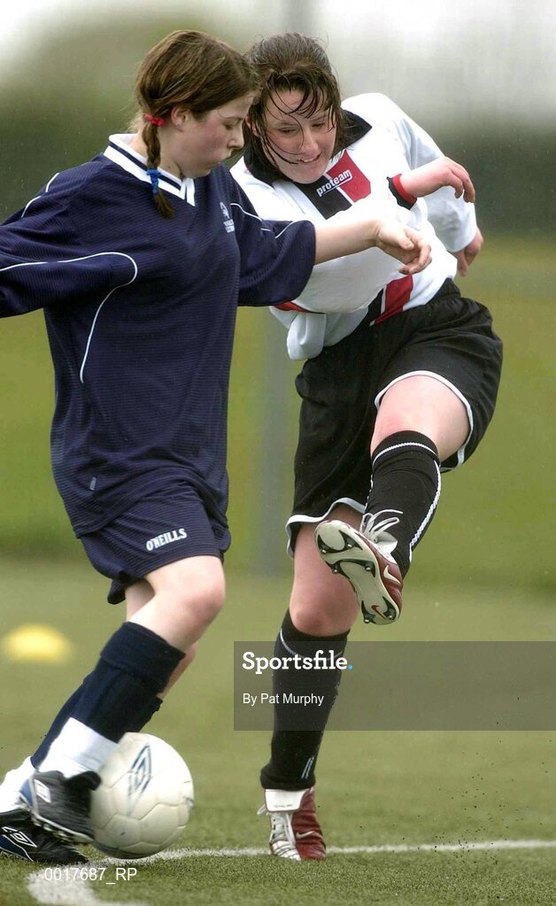 30 April 2005; Mary Strain, Ulster, in action against Christine Carr, Leinster. Europe Eurasia Football Week 2005, Women's 7-a-side Final, Ulster v Leinster, AUL Complex, Clonshaugh, Dublin. Picture credit; Pat Murphy / SPORTSFILE