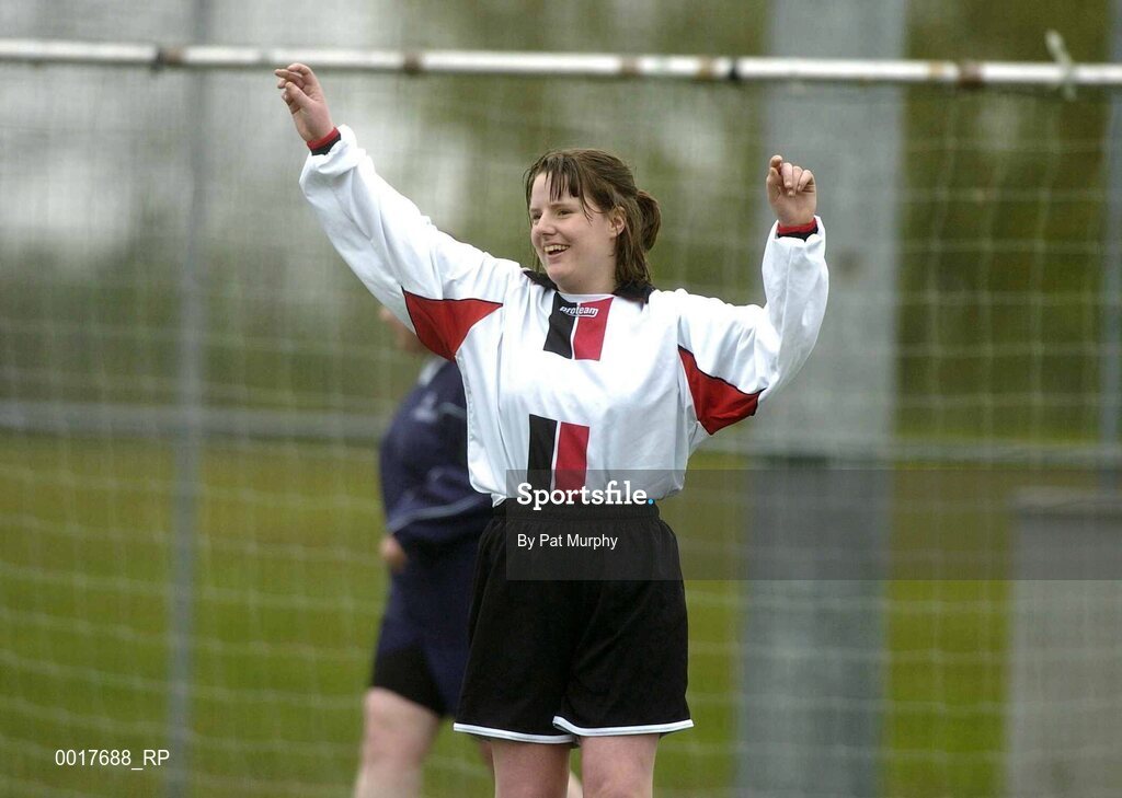 30 April 2005; Christine Carr, Leinster, celebrates victory over Ulster. Europe Eurasia Football Week 2005, Women's 7-a-side Final, Ulster v Leinster, AUL Complex, Clonshaugh, Dublin. Picture credit; Pat Murphy / SPORTSFILE